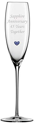 Chichi Gifts 2 Sapphire Anniversary 45 Years Together Pair of Champagne Flutes Glasses with Sapphire Heart Gem