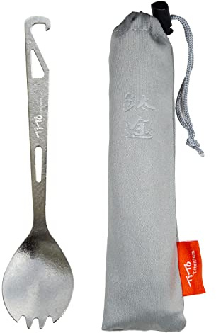 TiTo Titanium Flaschenöffner, Göffel aus leichtem Metall, tragbar, wiederverwendbar, Besteck, Löffel, Gabel für Outdoor, Camping, Reisen, Wandern und Picknicks, Abendessen, Besteck mit Stofftasche