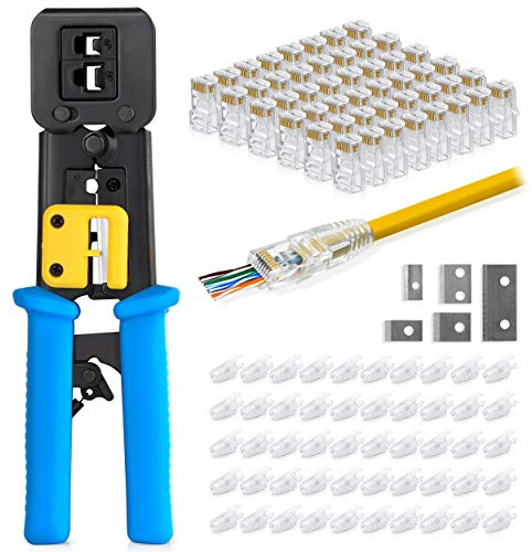 Everest Media Solutions RJ45 Crimpzangen-Set, mit 50 Cat5e-Durchgangssteckern und 50 Zugentlastungsmanschetten + extra Klingen, EZ Cut, Strip, Crimp Ethernet-Kabel, professionelles