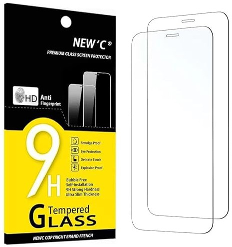 NEW'C 2 Pack, skärmskydd i glas för iPhone 12, iPhone 12 Pro (6,1 Tum), bubbelfri, 9H hårdhet, 0,33 mm ultratransparent, ultrabeständigt härdat glas