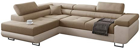Ecksofa Miami mit Schlaffunktion, Eckcouch mit Bettkasten, L Form Couch, Ecksofa mit Bettkasten, Sofagarnitur mit Schalffunktion, Ottomane Links (Cremig + Cremiger Kunstleder - EKO)