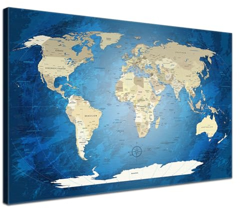 Stilvolle Pinnwand Weltkarte - Blue Ocean - Deutsch in 100 x 70 cm, stabile Rückwand zum Pinnen inkl. Starterkit - Leinwand-Kunstdruck Wandbild Landkarte XXL