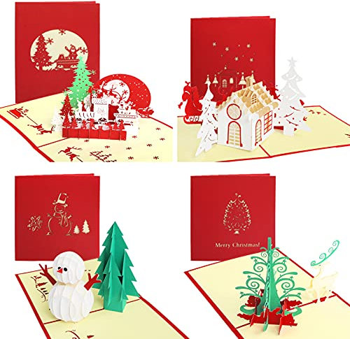 Viosmut Weihnachtskarten mit Umschlag Set 4 Stück Weihnachtskarten 3D Lustig Pop Up Karte Weihnachten Geschenkkarte Handgemachte für Kinder Frohe Weihnachten Weihnachten Schneemann Tannenbaum Rentier