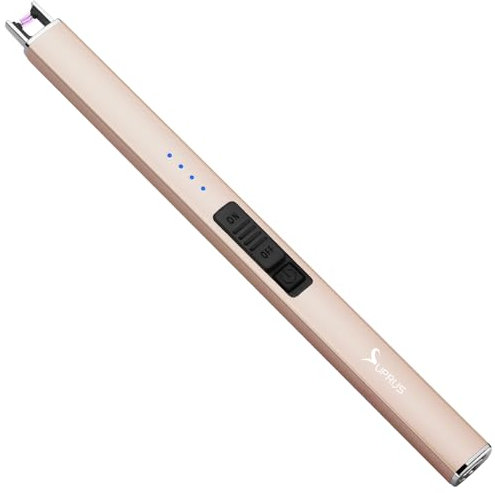 SUPRUS Accendino elettrico ad arco elettrico, antivento, senza fiamma, USB, ricaricabile, con serratura di sicurezza per candele, barbecue, campeggio (oro)