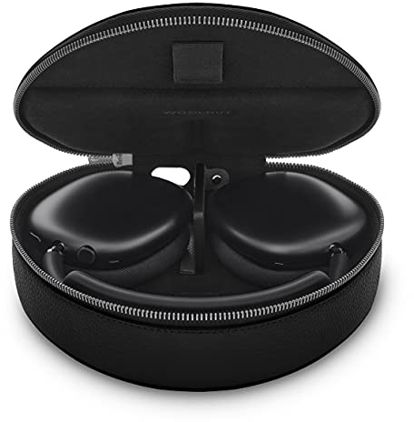 WOOLNUT Lederhülle für AirPods Max & AirPods Max 2: Maßgeschneidert, Magnet für Energiesparmodus, Laden im Case, Vollleder-Außenmaterial, YKK EXCELLA Metallreißverschluss – Schwarz