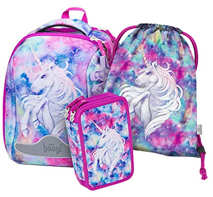 Baagl Schulranzen Set Mädchen 3 Teilig, Shelly Hartschalen Schultasche ab 1. Klasse, Ergonomische Grundschule Ranzen mit Brustgurt (Unicorn)