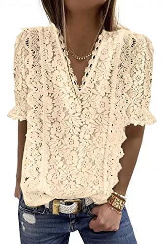 Onsoyours Camicia Donna Pizzo Elegante Scollo V Camicia Maniche Corte a Sbuffo Camicetta Trasparenti Bluse Estive Cachi M