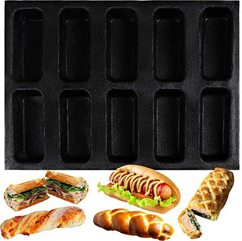 musykrafties Moule à 10 baguettes en silicone pour hot-dog - Moule à pain et pain - Moule rectangulaire - 40 x 30 x 3,2 cm