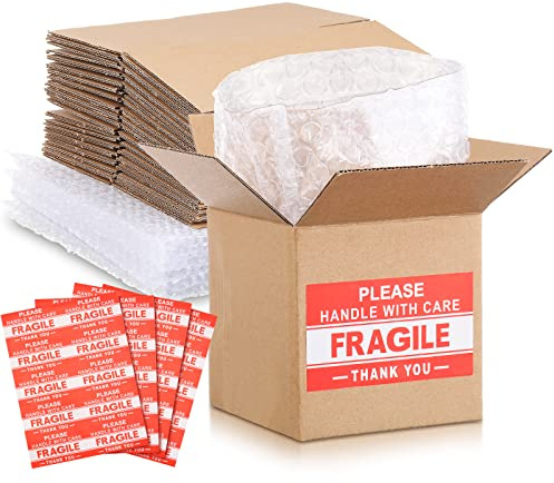 TaoBary 50 Set 4 x 4 Shipping Boxes for Small Business with Bubble Cushioning Wrap Fragile Packing Label Stickers Candle Small Mail Box Corrugated for Electronics Mug Gift