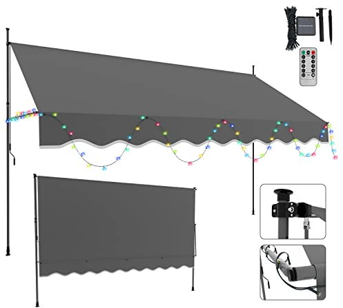 Izrielar Store à pince avec manivelle sans perçage - Hauteur réglable - 5 m - Guirlande lumineuse solaire colorée - Résistant aux UV - Protection solaire - Étanche - 250 x 120 x 200-300 cm - Gris