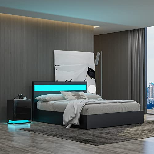 Ottoman Lift Storage Bed Frame with LED Headboard, 3FT Singe Size Bed Frame, Faux Leather Upholstered Bed Frame with Gas Lift Up Storage, for Bedroom Furniture, Black