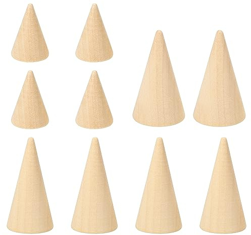 PATIKIL 10 Packung Natural Holz Kegel Ring Halter 3 Größen Braun | Finger Schmuck Anzeige Ständer Organizer, Unbemalte Holzkegel, für Heimwerker Handwerk