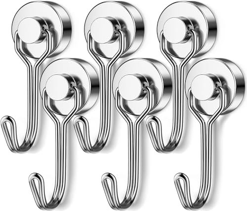 Grtard Lot de 6 crochets magnétiques en néodyme avec crochets, aimants avec crochets, crochets magnétiques puissants rotatifs pour accrocher, porte-clés, pour l'intérieur et l'extérieur