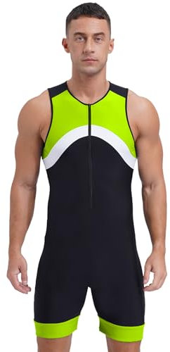 Vxuxlje Herren Ärmellose Sportbody Eng Jumpsuit Mit Reißverschluss Badeanzug Kurz Schwimmanzug UV Schutz Bademoede Leuchtendes Grün L