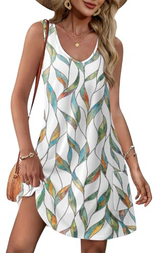 Yeenily Robe Femme Col en V Décontractée sans Manche - Robe de Plage Été Courte Débardeur Chic et Élégant Mini Tunique avec Poches (Couleur 1, M)