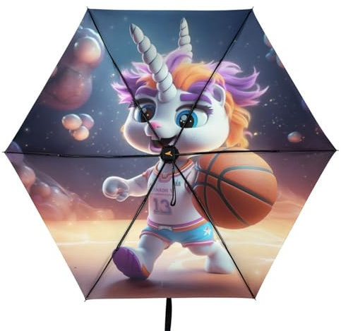 Linnyio Cartoon Süßes Basketball Einhorn Taschenschirm, UV-Schutz, Kompakter Reiseschirm, Sonnenschutz für Jungen und Mädchen