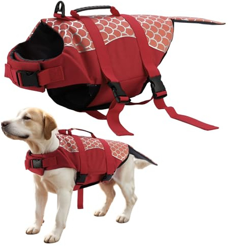 CAPASTEC Hundeschwimmweste Rot 1 Stück Zum Schwimmen Und Bootfahren | Für Doglay, XL, 420D Oxford-Gewebe Und Baumwolle, Rettungsgriff, Reflektorstreifen, Verstellbarer Gurt