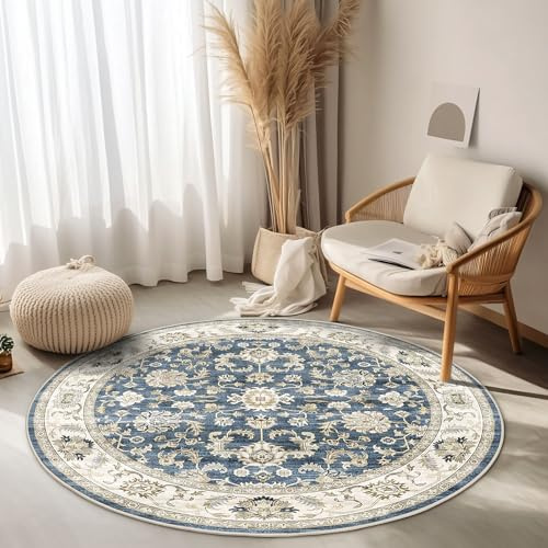 WITSHOCK Teppich Wohnzimmer Rund 120 cm: Waschbarer Boho, rutschfest, Kurzflor, Vintage Schlafzimmer, Teppich Küche Flur Esszimmer für Kinder & Haustiere Geeignet-Blau