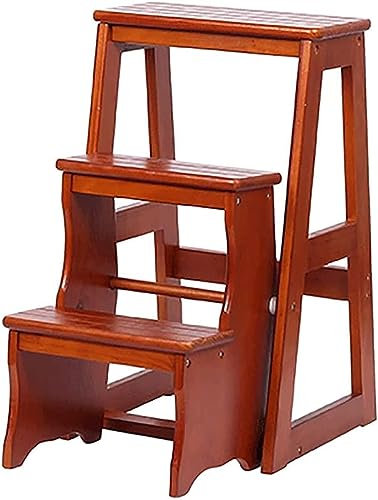Klappleiterstuhl aus Holz, 2-in-1, Kiefernholz, 3-stufiger Klappleiterhocker, multifunktionale Haushaltsleiter (Farbe: B)