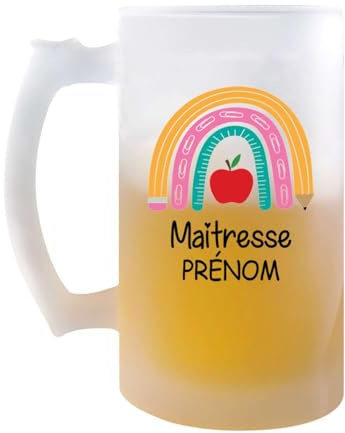 Planetee Chope de bière Personnalisable Merci Maitresse Arc en Ciel| Verre à Bière Cadeau Remerciement fin d'Années Maitresse d'école Maternelle Professeur Institutrice Prof Noël