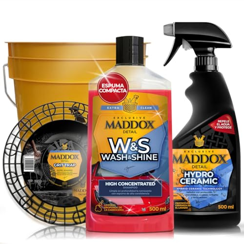 Maddox Detail - Kit Completo para Lavado y Recubrimiento Ceramico del Coche | Espuma Activa y Sellado Cerámico | Incluye Champú Wash & Shine, Cubo con Grit Trap y Hydro Ceramic