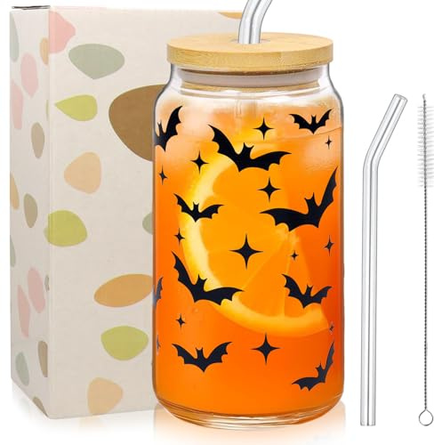 Halloween Becher, Halloween Gläser, Trinkbecher mit Deckel und Strohhalm, 500 Ml, Seltsames Fledermausmuster, Wiederverwendbar, Geeignet für Party, Bar, Familienfeier, für Kaffee, Getränke, Saft usw