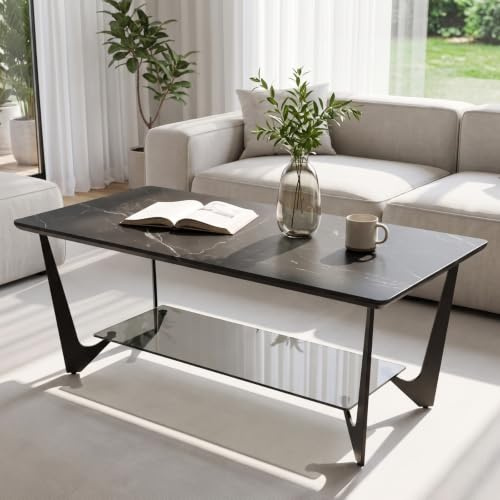 Ya-Home Couchtisch aus Metall Kaffeetisch mit Keramikoberfläche modern Sofatisch quadratisch mit Glasablage für Wohnzimmer, 46x100x60cm (HxBxT), Schwarz