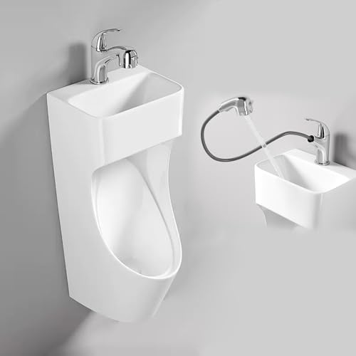 GMBAYUE Wandhängendes Urinal mit Waschbecken und Wasserhahn, Kommerzielles Urinal for Männer, Verstopfungssicheres Urinal aus Keramik, Wassersparendes Urinal(White)