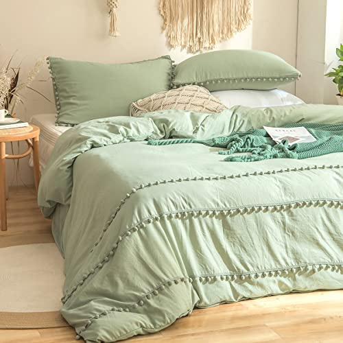 Tospass Quaste Bettwäsche Set 200x200cm Salbeigrün Pompons Fransen Boho Mädchen Bettwaren-Sets Gewaschene Microfaser Unifarben Deckenbezug Bettbezug mit Reißverschluss und 2 Kissenbezug 80x80cm