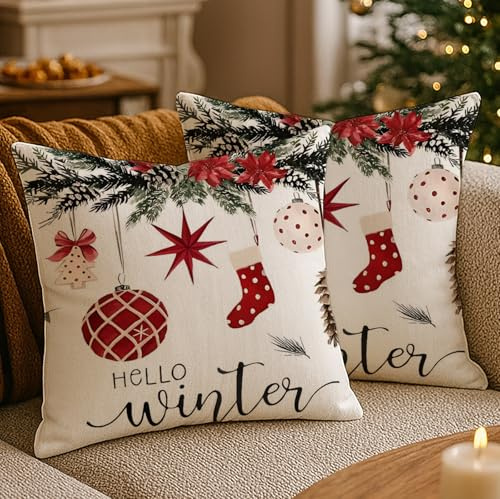 Luzzxfa Winter Geschenk Weihnachten Kissenbezug 40x40 cm Socke Süßigkeiten Weihnachtsdeko Outdoor Kissenbezüge Modern Sofakissen mit Verstecktem Reißverschluss 2er Set