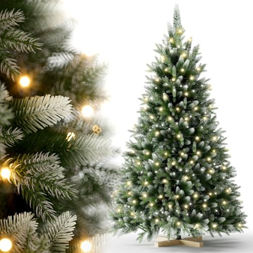 Eldzenith Albero di Natale innevato 180cm, Albero Natale Artificiale con luci led, con Base in Legno, PVC e PE, Effetto Realistico, Folto Pieno, Facile Montaggio, per Feste, Salotto, Uffici, Negozi