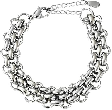 SAGA GIOIELLI® Bracciale donna a catena intrecciata striata argentata in Acciaio inox – Lunghezza 18+5,5 cm Confezione Regalo Spessore 13 mm (LISCIO)