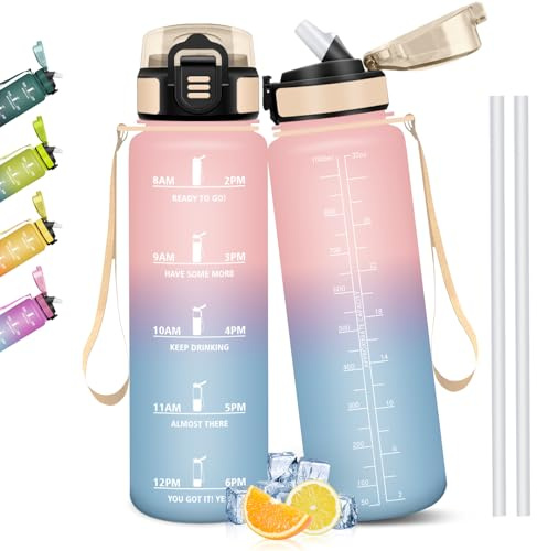 Mulbijeo Borraccia 1 Litro, Libre de BPA & A Prova di Perdita, con Cannuccia, Reutilizables, Borraccia Motivazionale, Portatile, Borracce Palestra per Scuola, Palestra, Ufficio, Sport