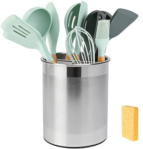 Vookkp Utensil Holder Stainless Steel Kitchen Utensils Holder 360° Rotating Cooking Utensil Pot Utensil Storage Caddy with Removable Divider Non-Slip Cutlery Holder for Countertop with Cleaning Sponge