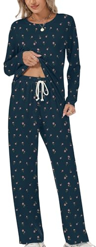 Rapbin Pyjamasset för kvinnor söta pyjamasset mjuka korduppsättningar myskläder långärmad randig pyjamas nattkläder pyjamasbyxor med fickor dragsko, Marinblå ros, M