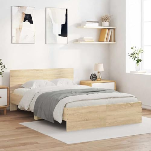 QJBSAVVA Bettgestell 120x200 cm Sonoma Eiche Holzwerkstoff mit Kopfteil Lattenrost Robustes Jugendbett für Schlafzimmer Gästezimmer & Einzelzimmer