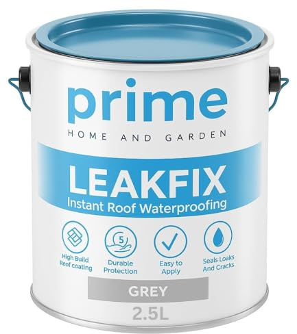 Prime Grey LeakFix Liquid Rubber Coating 2.5L – Instant Waterproof Roof Sealant for Leaks, Cracks, Roof Repairs, Gutters, Drainpipes, Concrete, Brick & Metal Surfaces - One Coat Seal & Waterproofer