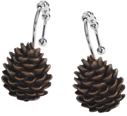 Brown Pinecone Shower Curtain Hooks, Rustproof Rustic Cabin Shower Hooks for Shower Curtain, 5 Roller Ring Balls Lodge Christmas Decorative Bathroom Curtain Hooks, Set of 12