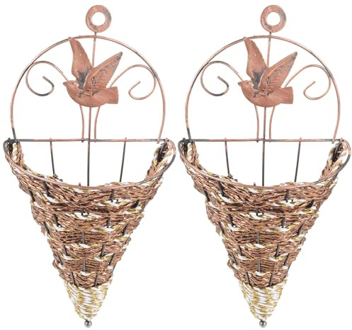 GLEAVI Portafiori da Parete in Rattan Sintetico Intrecciato 2 Pezzi, Vaso Sospeso da Muro in Ferro e Plastica Resistente, Fioriera Decorativa Salvaspazio per Interni