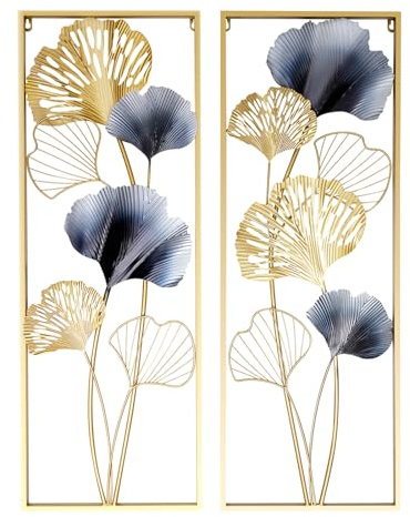 PBTERDTF Wanddeko Metall Gingko 2 Stück 3D Blätter Wandbild GoldWanddekoration Wohnzimmer Dekoration Wand Dekor aus Eise für Wohnzimmer Schlafzimmer Esszimmer (85x31cm)