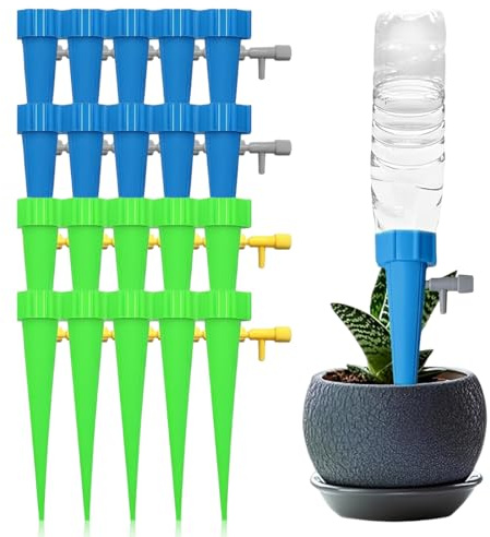 DOVBAN 20 Piezas Riego Por Goteo Automático Kit Dispensador Agua Plantas Sistema De Automático Para Planta Con Válvula Ajustable Riego Automáticos(Azul+Verde)