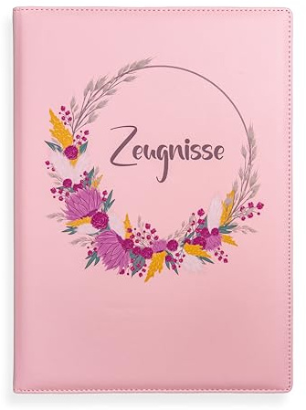 Zeugnismappe A4 Leder mit Folien – hochwertige Mappe für Zeugnisse & Dokumente – Zeugnismappe Mädchen Grundschule & Gymnasium – edles Design (Blumenkranz Design)