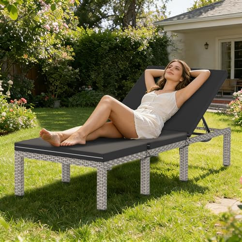 WoRaum Sonnenliege mit 5-Fach Höhenverstellbarer Rückenlehne, Gartenliege inkl. Auflage, Liegen Flache Rattanoptik, Stahlrahmenkonstruktion 190x65x35 cm, Saunaliege, Graues Bett + Schwarzes Kissen
