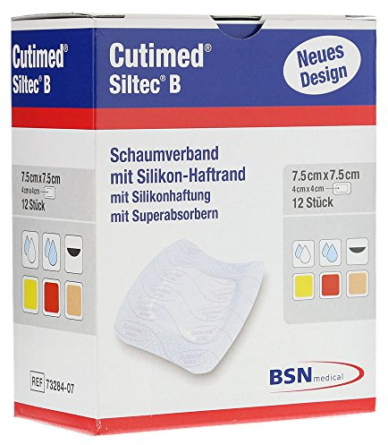 Cutimed Siltec B Schaumverband 7,5x7,5 cm mit Haftrand, 12 S