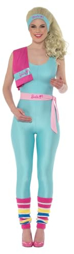 Smiffys Barbie Kostüm Workout Blau Erwachsene mit Overall, Gürtel, Stirnband, Handtuch, Perücke & Beinstulpen, Offiziell lizenziertes Barbie-Kostüm, Barbie 80er Jahre Workout-Outfit, perfekt für