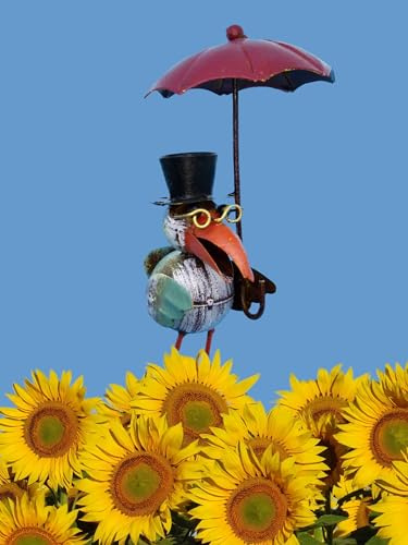 Pommerntraum ®| Regenmesser Pluviometer Rabe Rostoptik Vogelfigur Tierfigur | Niederschlagsmesser Ombrometer Gartenstecker Meisenknödelhalter Vogel Vögel Gartendekoration Gartenaccessoires (ROTER SCHIRM)