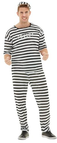 Funidelia Disfraz de prisionero para hombre, Incluye camiseta, pantalón y gorra, Ladrón, Preso - Traje para adultos para fiestas, Carnaval y Halloween - Talla M
