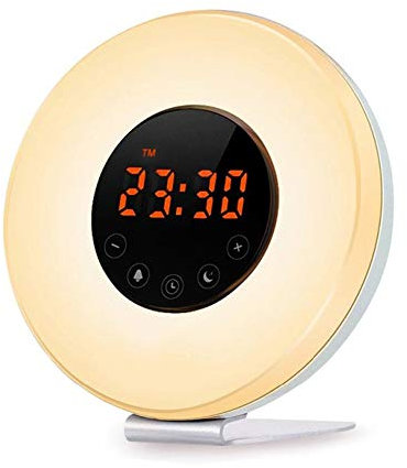 HOXMOMA Sunrise Wake Up Light, Reloj Despertador Digital LED, 7 Colores y Radio FM, función de repetición, simulación de Puesta de Sol y Control táctil, para niños Adultos Dormitorio