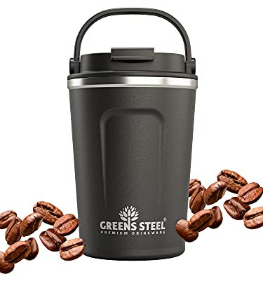 Greens Steel Reusable Coffee Cup - 350 ml (12 oz) Black | Travel Mug with Lid & Handle | Stainless Steel Insulated Flask for Hot & Cold Drinks | Leak Proof Tumbler for Tea, Coffee, Iced Drinks