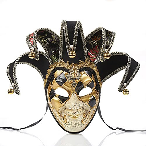 RUTXE Vintage Venezianische Narrenmaske Halloween Vollgesichts Clown Maske Kleid Maske für Erwachsene Handbemalte Maskerade Karneval Party Ball Kostüm Herren & Damen Augenmaske (Black)